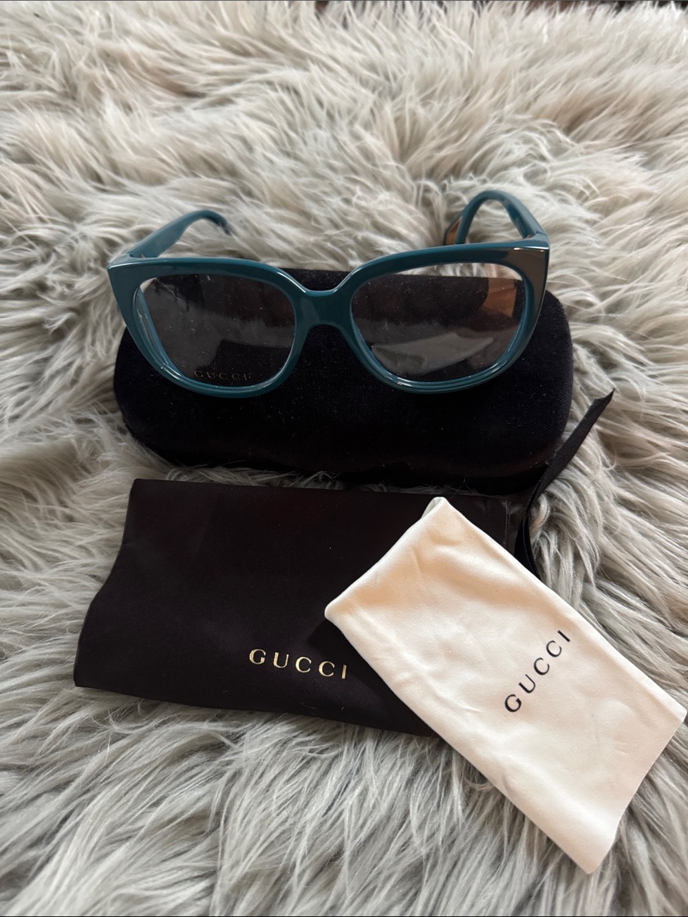 Gucci Deep Teal Square Optical Frames with Gold Accents